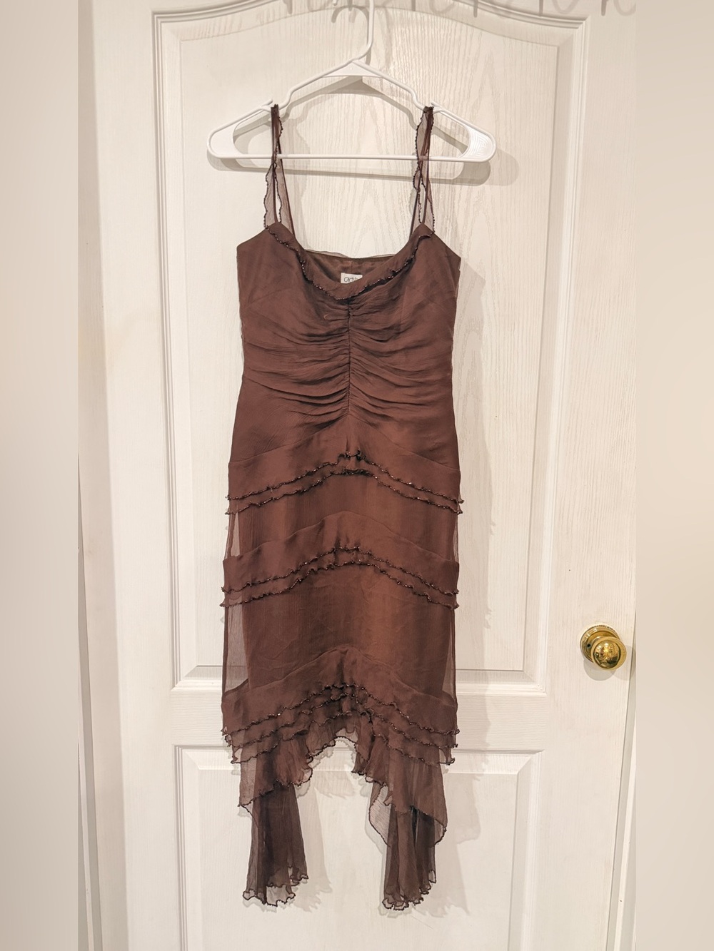 Vintage Cache Brown Asymmetrical Ruched Tiered 100% Silk Dress